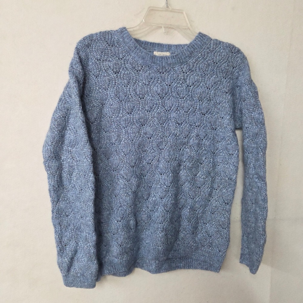 Fat Face Sweater Blue Textured Knit Crewneck‎ Women Size 4 Wool Blend Pointelle